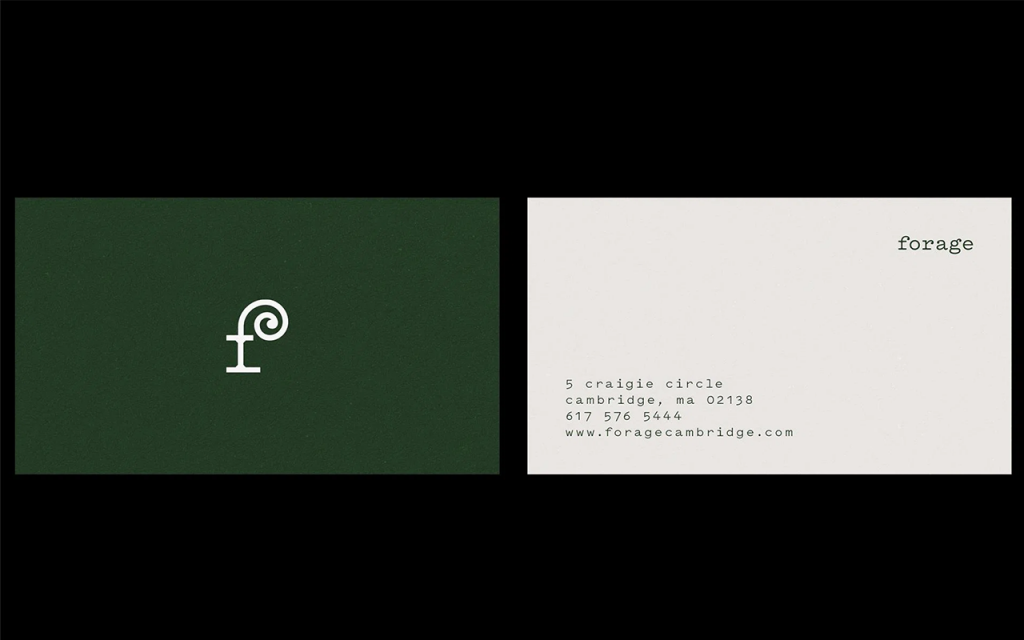 The image displays two sides of a postcard horizontally together on a black background. The topside of the postcard is a dark green with an 'f' in the middle. The other side of the postcard has an address written in green text.