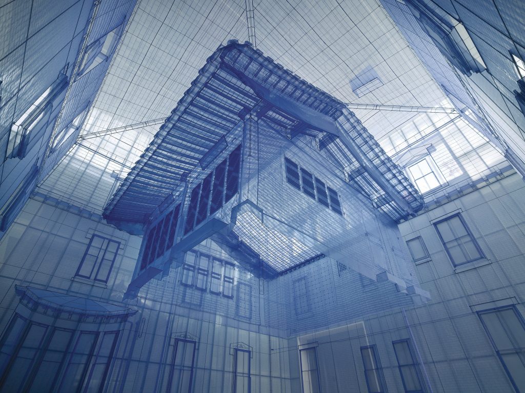 A translucent blue installation of a traditional Korean home hanging inside a Western-style house. Made out of polyester fabric and metal frames