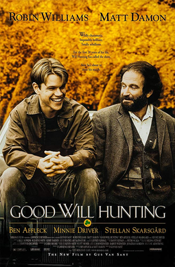 Poster for the film ‘Good Will Hunting’ showing two male figures sitting on a bench, smiling and looking at each other. The title appears at the bottom with white text and gold text giving credits to the main actors with smaller white text crediting additional workers below it.