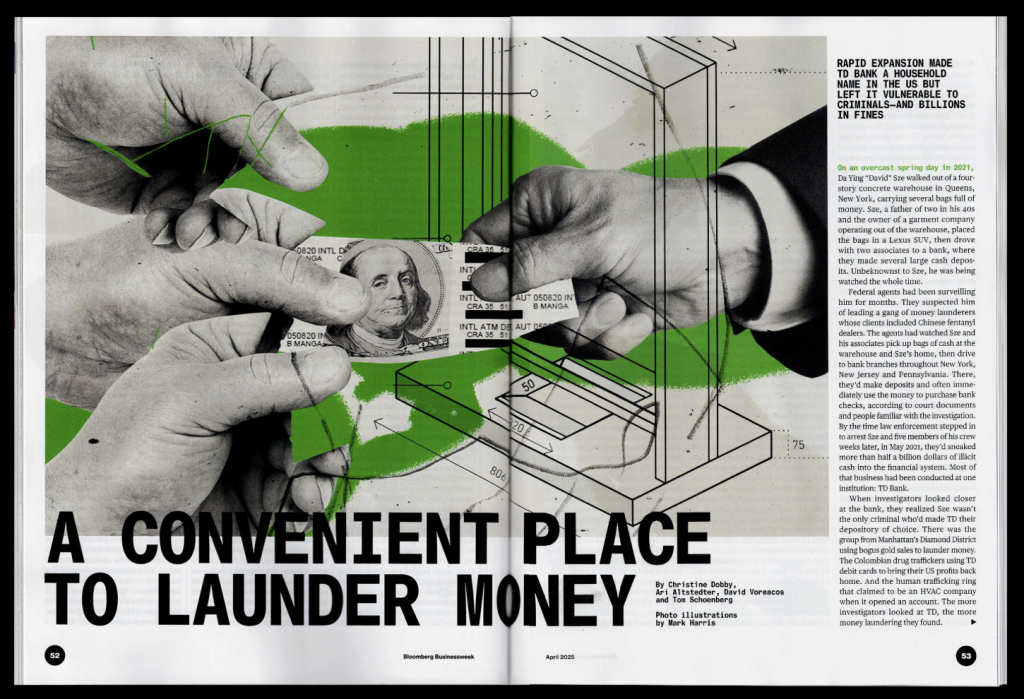Magazine page spread depicting a collaged image about money