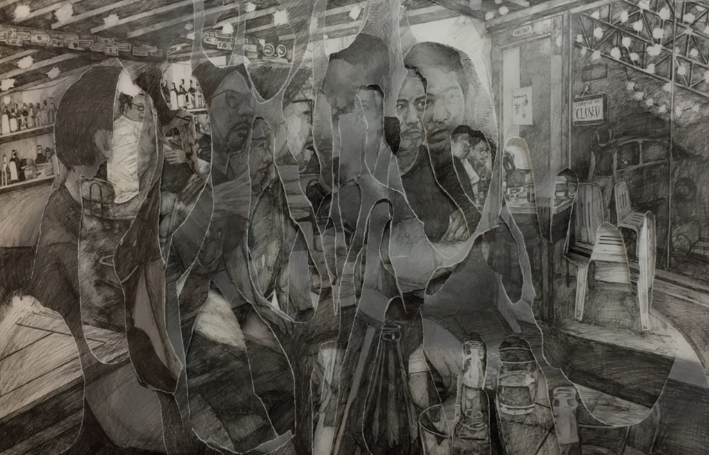Layers of tracing paper show a group of people through the memory of the moment.