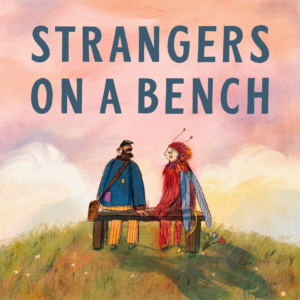 The front cover for the podcast 'Strangers on a bench'. This features an illustration of two people chatting on a bench.
