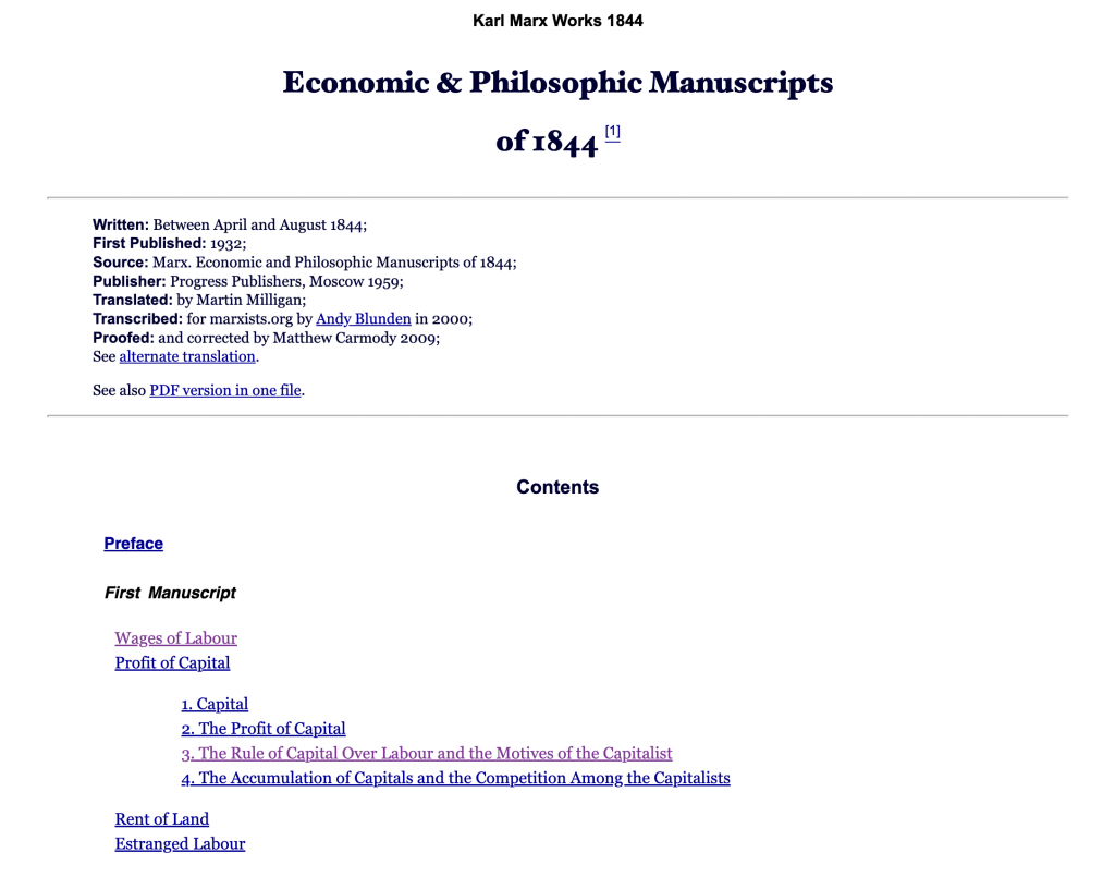 An electronic page screenshot bearing the title 'Economic and Philosophical Manuscripts of 1844' at the top, publisher details and other information in the middle, and content shown at the bottom.
