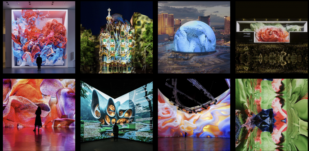 This image collage consists of eight photographs showcasing Refik Anadol’s representative works in digital media installations and architectural projections. The overall composition conveys a strong sense of motion and visual impact, centered on themes of data visualization, machine dreams, and immersive spatial experiences.