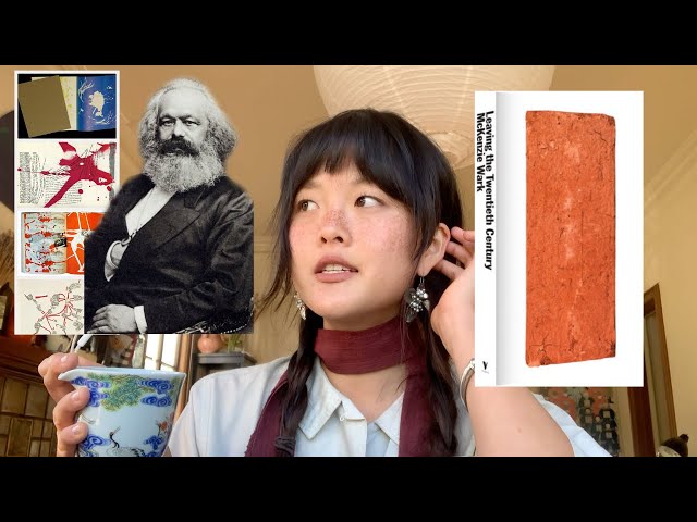 A young woman with braided hair and a maroon scarf is sitting indoors, holding a blue-and-white teacup and looking thoughtfully to the side. Surrounding her are edited images: a black-and-white portrait of Karl Marx, several abstract art pieces, and a book titled Learning from the Twentieth Century: Modernism to Modernity with a brick-textured cover. Warm light fills the room, creating a cozy atmosphere.