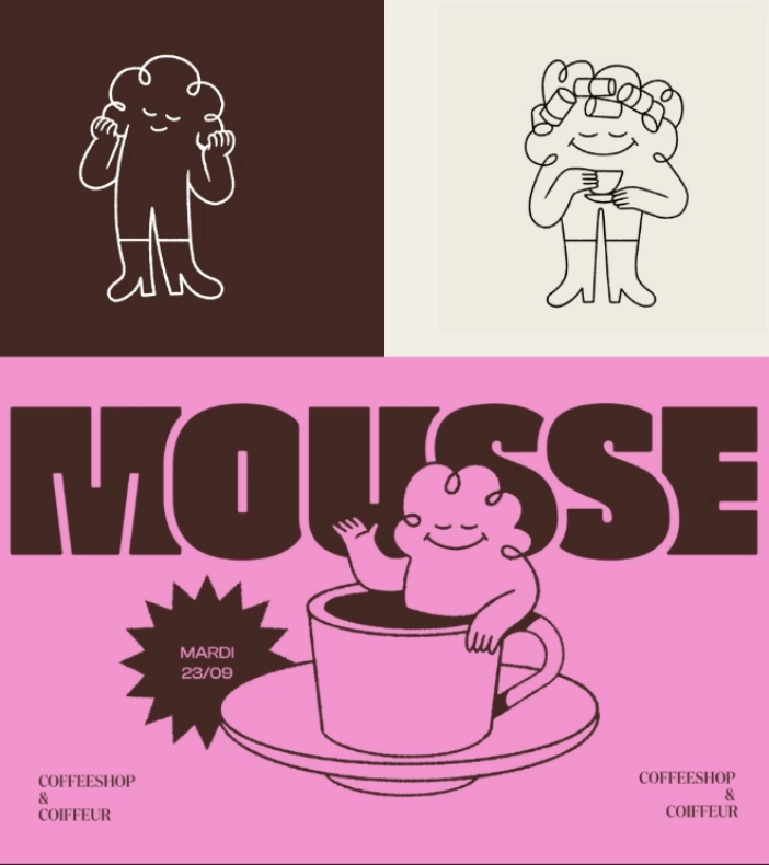 A playful brand identity for Mousse, a hybrid hair salon and café designed by Laref. The pink background and bubbly mascot express lightness and fun through simple shapes and friendly typography.