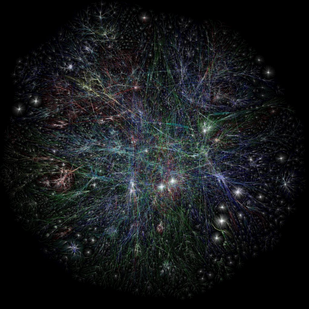 Map of the internet. The color-coding of the lines indicates the location of the IP space. For example, red lines correspond to Asia and the Pacific Islands, while dark blue indicates North America. The result is an otherworldly image of the internet, a worldwide network that is now integral to our everyday lives.