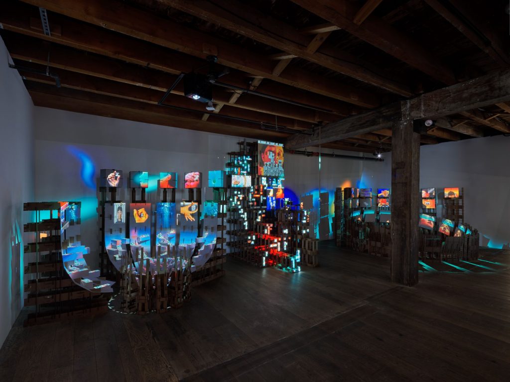 waves of screens in dark space