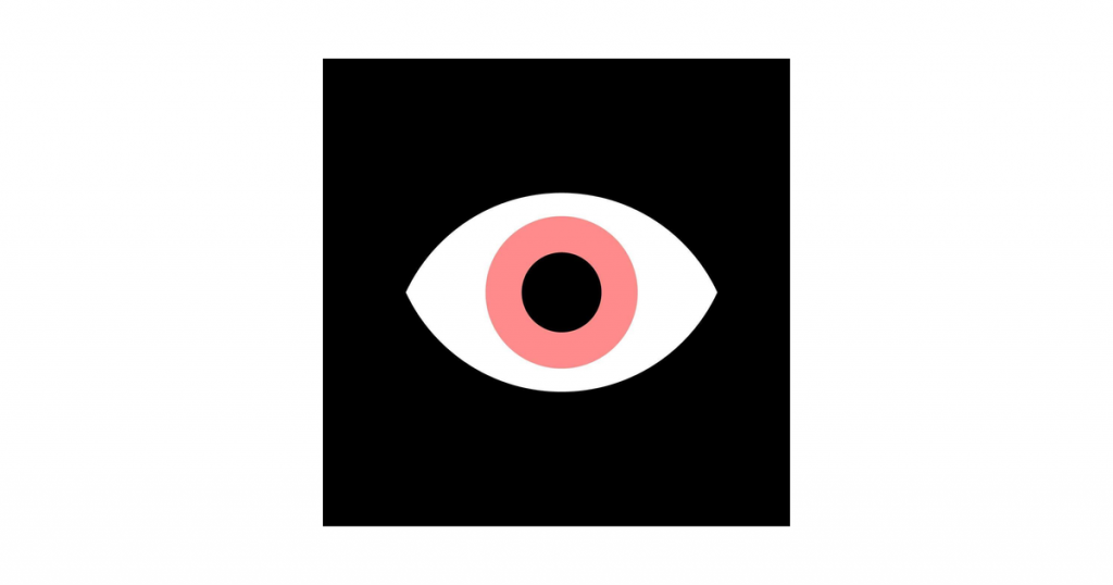 black square with an eye that has a pink iris in the middle of the square