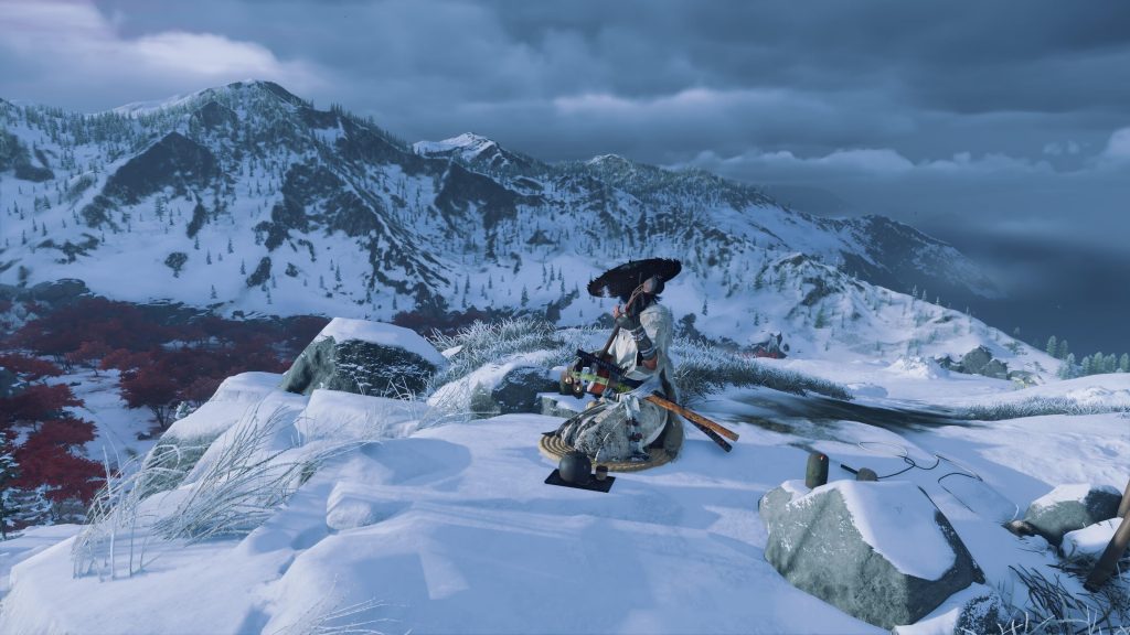 Realistic game animation of a woman sitting in a snowy mountainous landscape