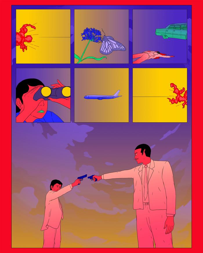 Illustration showing two men pointing a gun at each other.