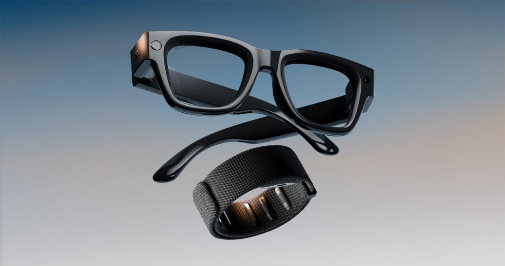 A pair of smart glasses and smart wristband from the company Meta in collaboration with eyewear brand Ray Ban