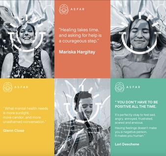 A image for ASFAR, a mental health platform, featuring smiling faces, uplifting quotes, and soft colors symbolizing light, healing, and openness about emotional well-being.