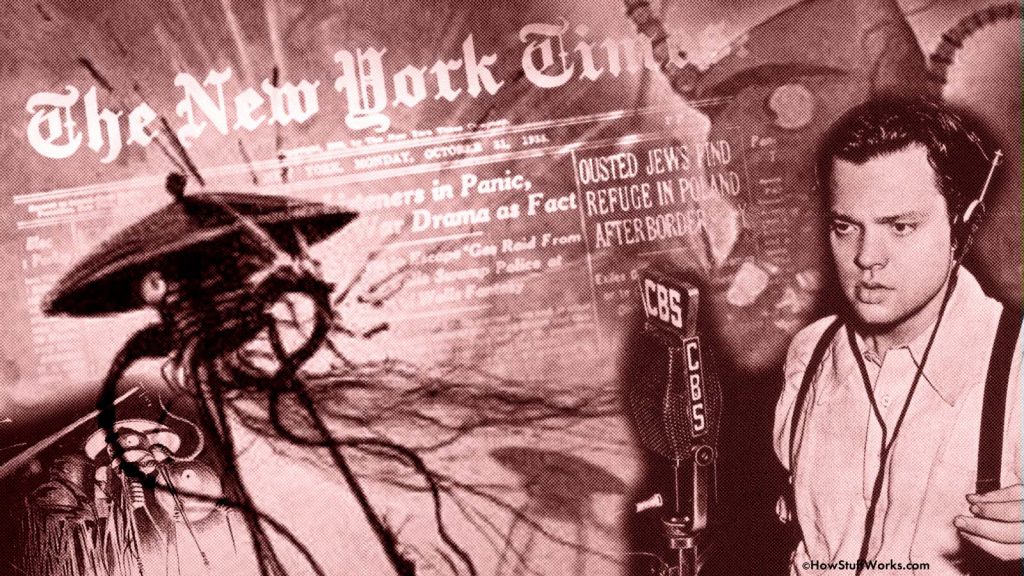 collage featuring a New York Times headline askew, a menacing alien figure, and Orson Welles speaking into a vintage CBS microphone, conveying drama
