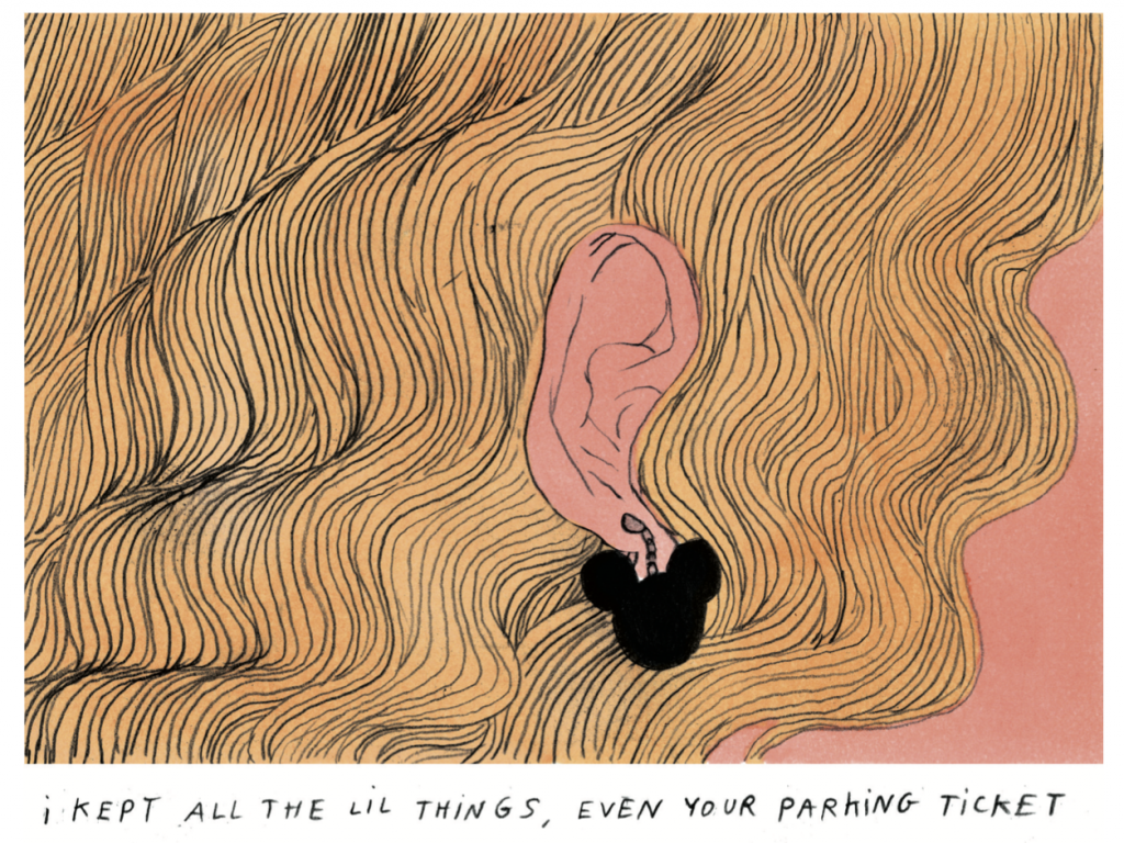 Close up illustration of hair, and an ear with a black Mickey Mouse earring