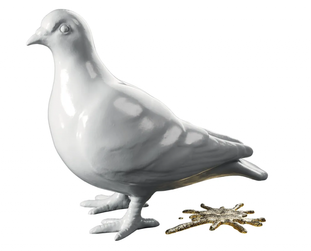 Picture shows white ceramic pigeon with ceramic bird poo