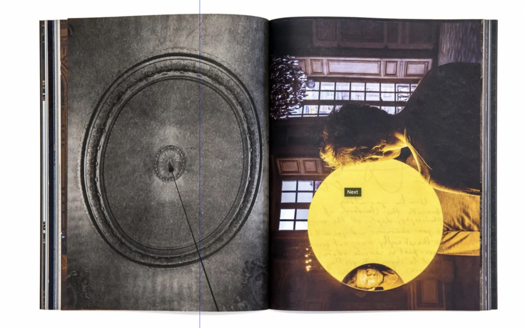 Image of a spread form a publication, on the left a photographe of the ceiling in Chateau de Versailles, on the right a work of Olafur Eliasson