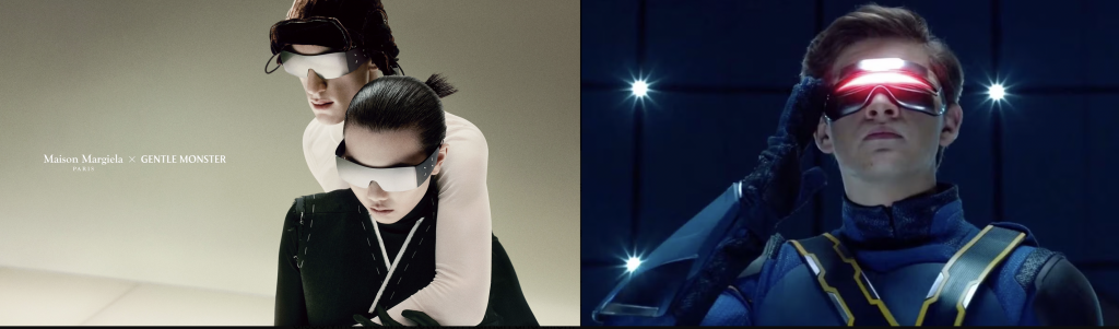 Split image: on the left, two models pose in minimalist styling wearing futuristic wraparound visor sunglasses from a Maison Margiela × Gentle Monster campaign; on the right, a film still of a man in a blue suit wearing a glowing red visor, evoking a similar sci-fi, Cyclops-like aesthetic.