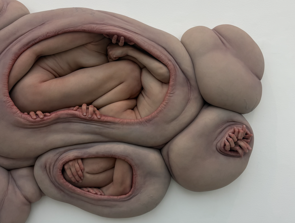 hyperrealistic sculpture of human bodies in skin like cocoons