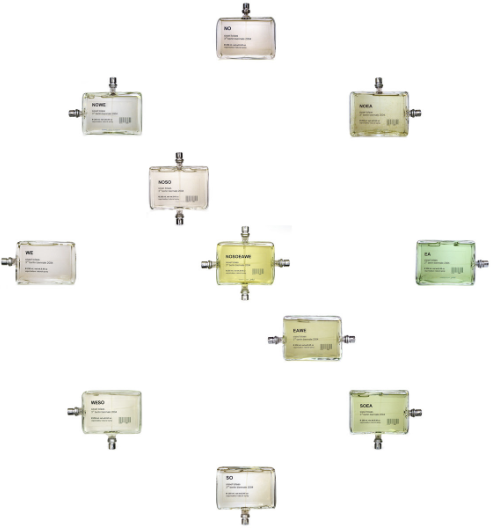 Glass bottles of perfumes arranged as a map